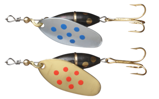 Myran Panter spinner med guldkrog, sort underside med guldprikker og overside i fluo-gul, fluo-rød eller sort.