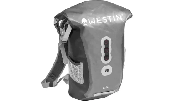 Westin W6 Roll-Top Backpack fotograferet udendørs med lukket roll-top og reflekser synlige