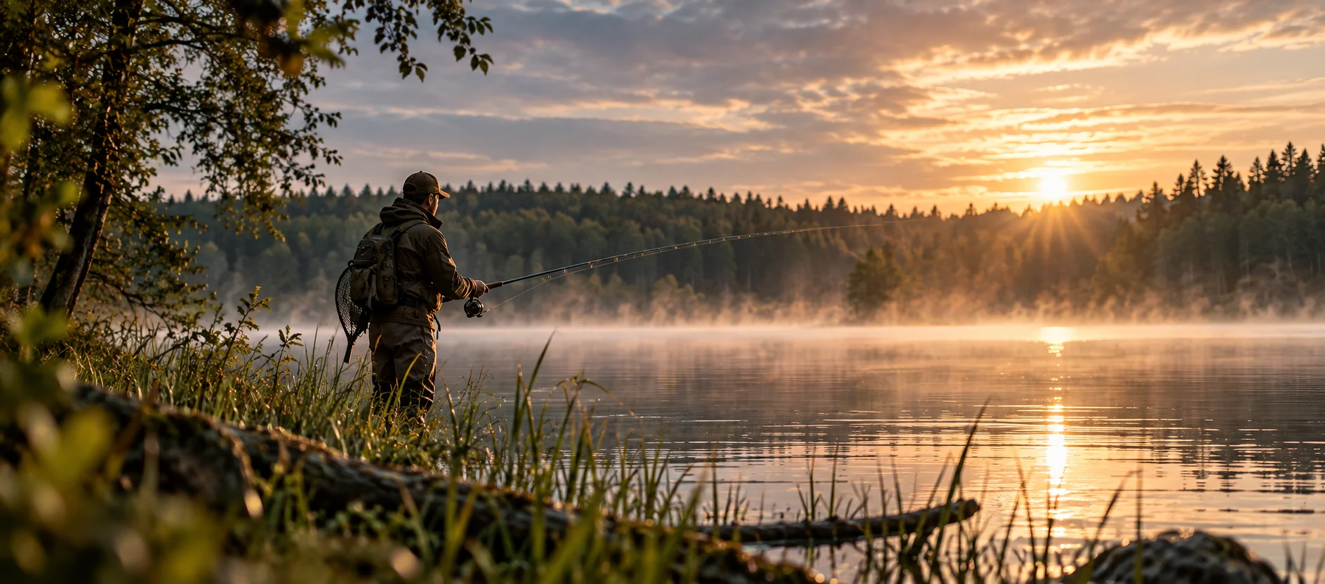 Lystfisker ved en skovsø i solopgang